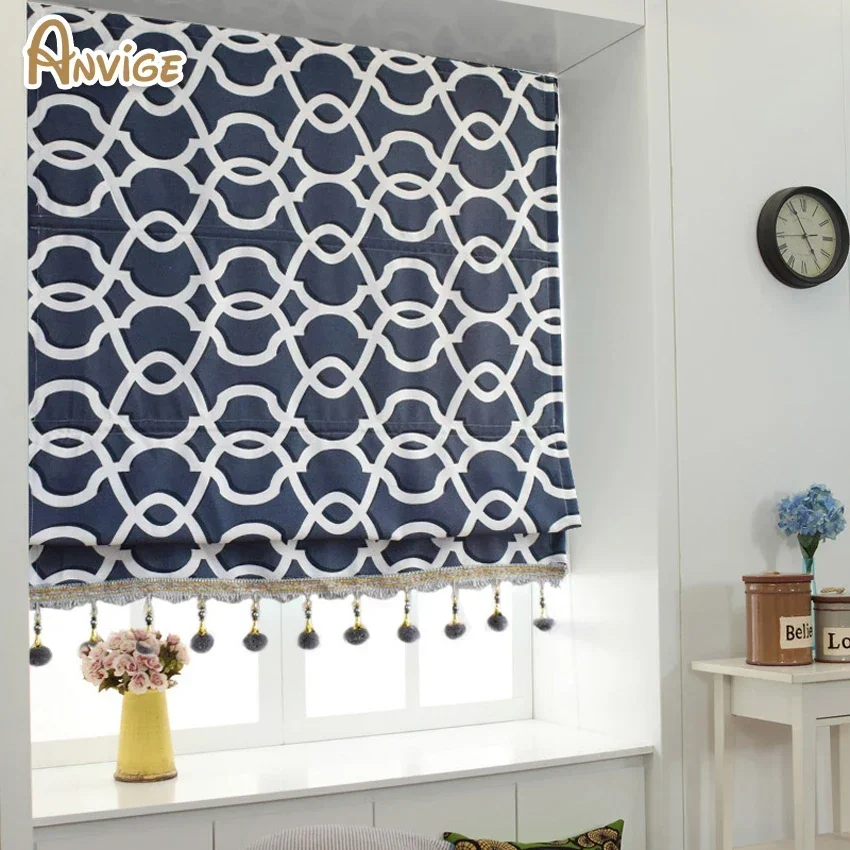 Anvige Modern Geometric Curtain with Beads Printed Roman Shade Rollor Blind Window Curtains for Living Room Window Shade