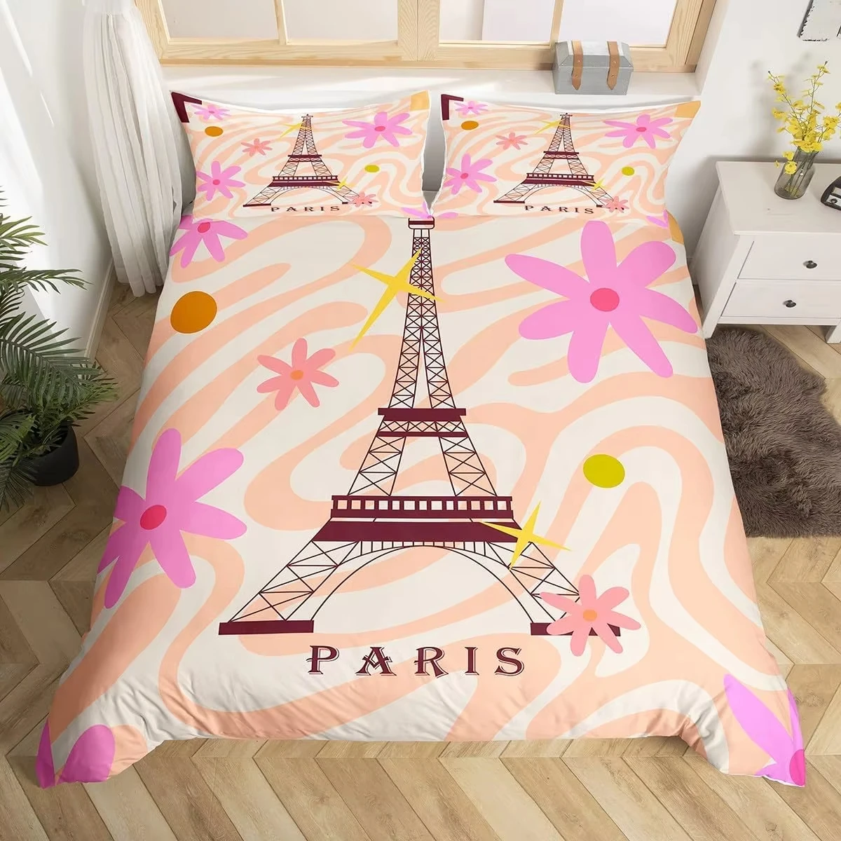 Eiffel Tower Bedding Set Pink Cherry Blossom Duvet Cover 3 Piece Abstract Art Comforter Cover Romantic Paris Dream Style Bedding