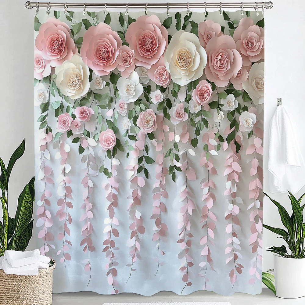 Colorful Flowers Shower Curtain for Bathroom Pink Floral Romantic Wildflower Plants Nature Scenery Decor Curtain Set with Hook