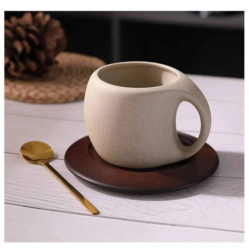 Vintage Ceramic Coffee Cup and Saucer Set Latte Americano Tea Cup with Spoon Wooden Coaster Afternoon Tea Tableware