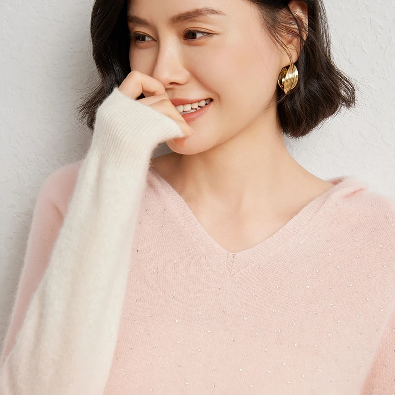 

Пуловер из 100% мериносовой шерсти, вязаная толстовка с капюшоном, осенне-зимний мягкий женский трикотаж с длинными рукавами, элегантная одежда, топы