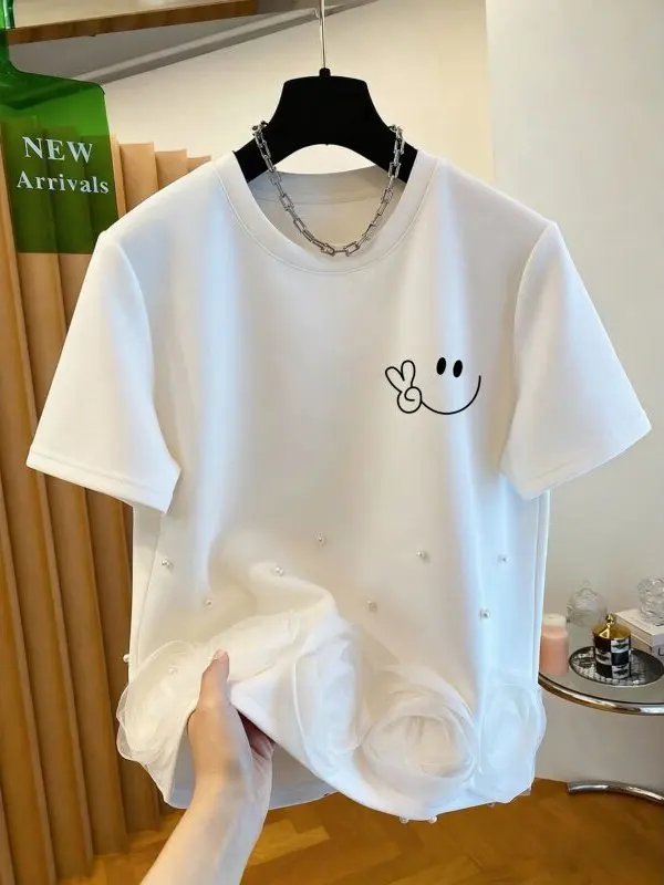 Extra Large Size 300 Pounds Heavy Duty Design Beaded Mesh Splice Top Summer Unique Beautiful Print Short Sleeve T-Shirt Women...