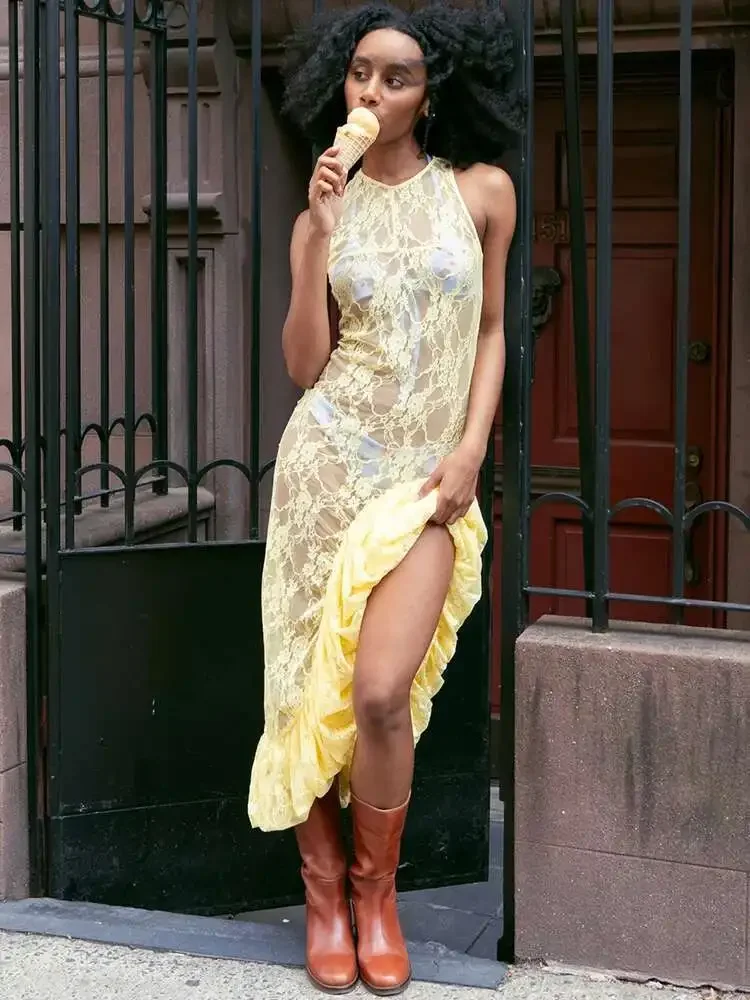 Nieuwe Kant Zien Door Ruffle Sexy Midi Jurk Vrouwen Jurk Zomer Mode Hoge Taille Slanke Dij Hoge Split Elegante Lange Jurk