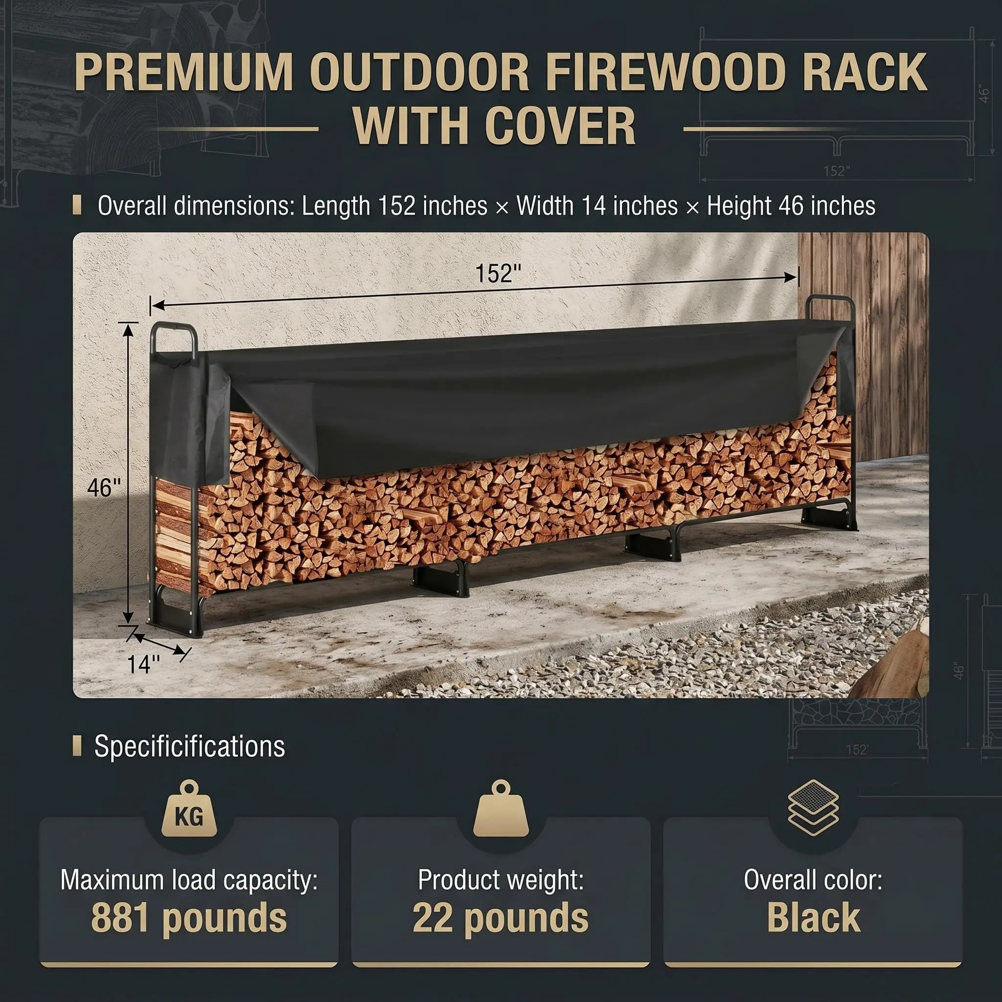 12FT Firewood Rack Outdoor with 600D Oxford Waterproof Cover, Heavy Duty Firewood Storage Rack, Raised Outdoor Wood