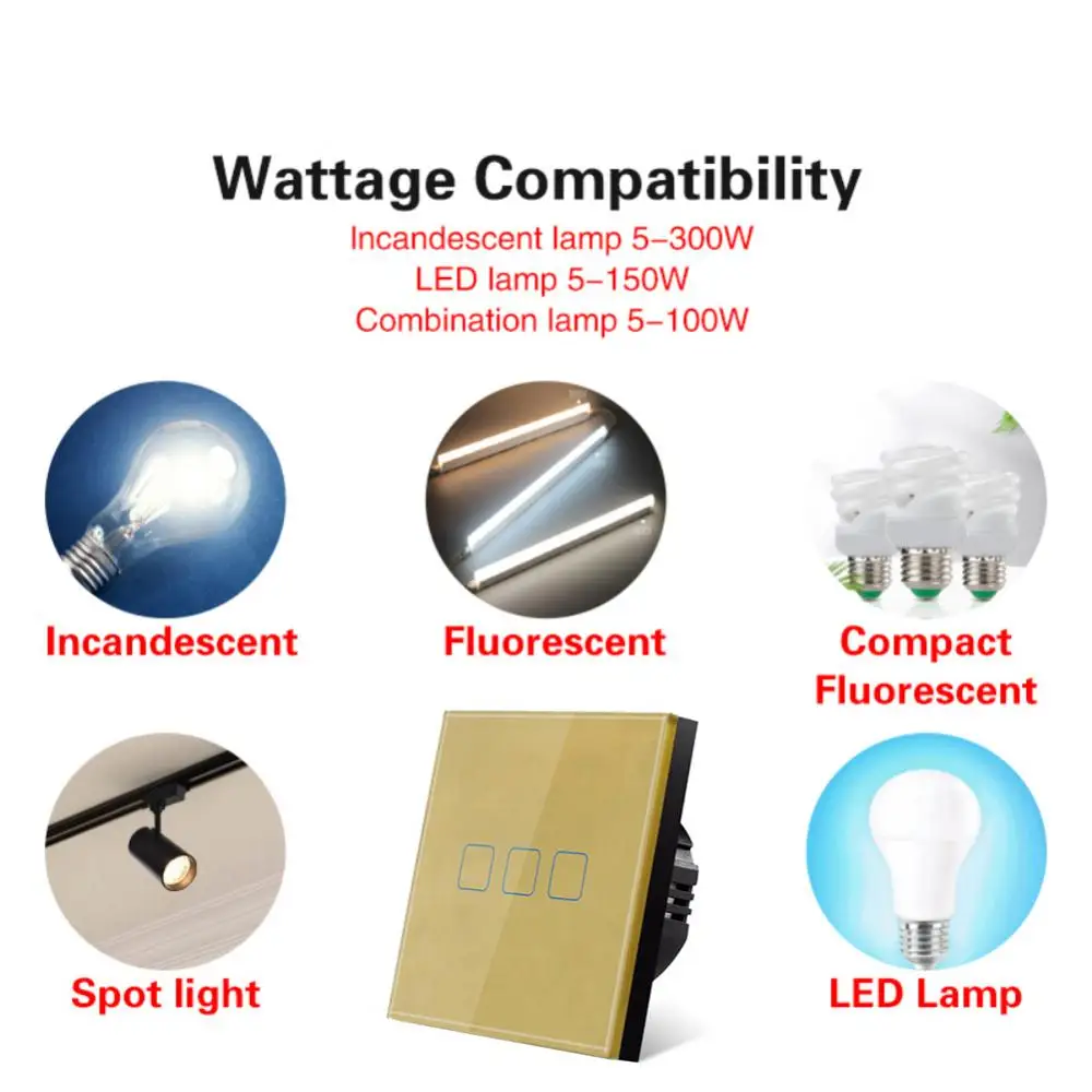 Ue/reino unido padrão interruptor de toque painel de vidro cristal interruptor de luz de parede toque interruptor de controle de luz led indicador 1/2/3gang casa inteligente