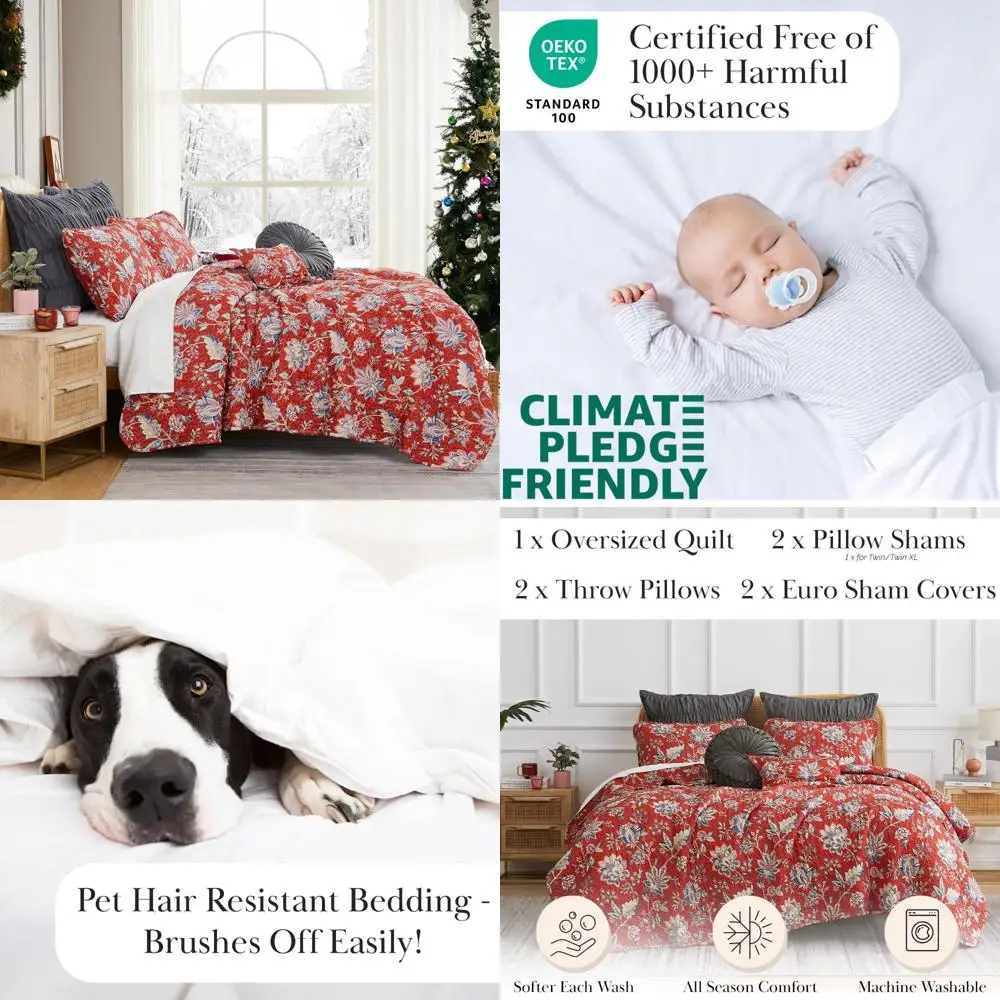 

Boho Style Oversized Twin Quilt Set with Pillow Sham, Euro Sham, and Throw Pillows for Comfortable Living