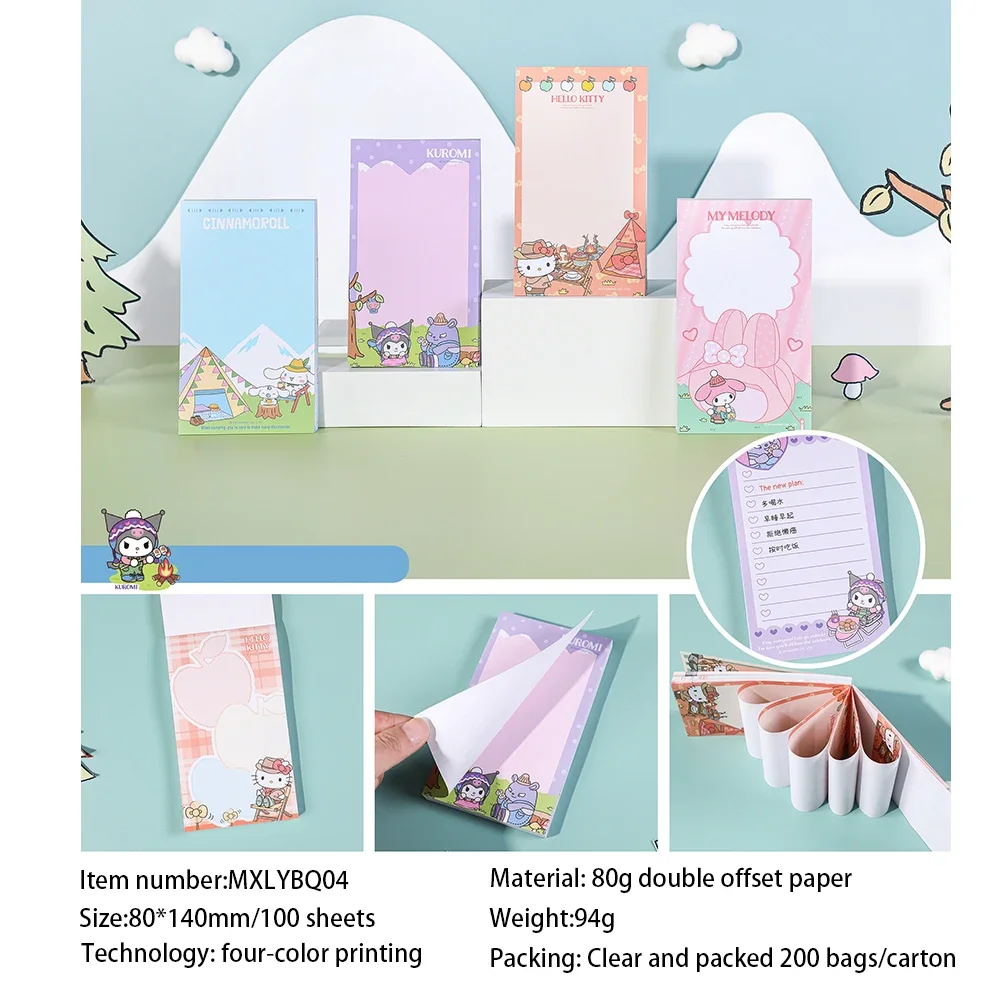 Sanrio Sticky Notes 100 Sheets Tearable Long Notepad Kuromi Mymelody Non-adhesive Portable Planner for School Office