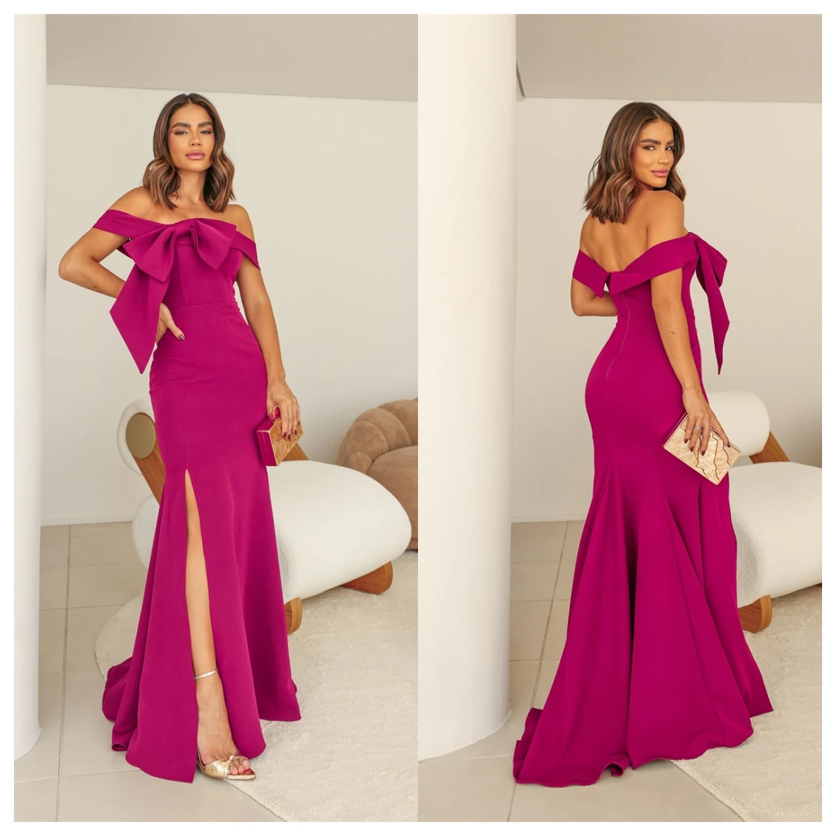

Customized Modern Fuchsia Jersey Evening Dress Boat Neck Off the Shoulder Sleeveless Special Occasion Gowns Homecoming Dress Bow