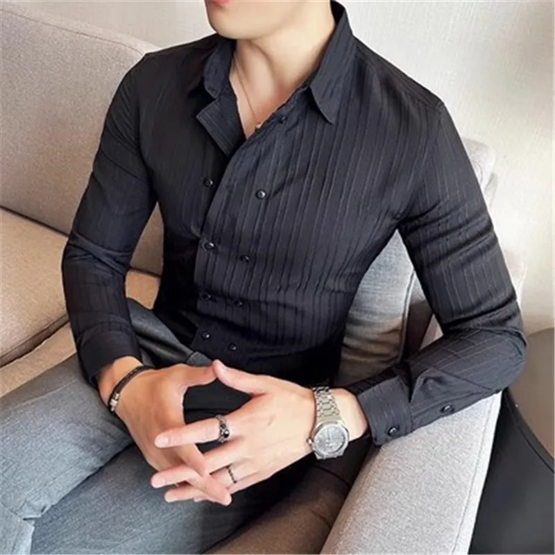 Camisa de negócios masculina, gola virada para baixo, manga comprida, blusas listradas grandes, trespassado duplo, roupas masculinas, design de luxo, 2023