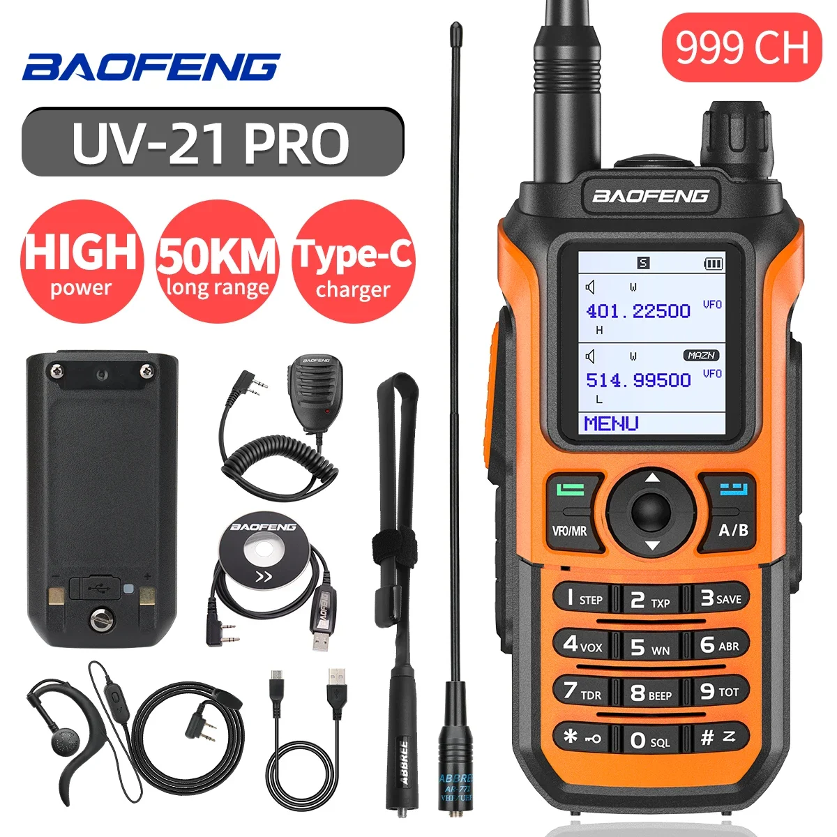 Baofeng UV-21 프로 장거리 워키토키, 휴대용 햄 라디오, C타입 아마추어 양방향 라디오, UHF VHF, 사냥 호텔용, 10W 