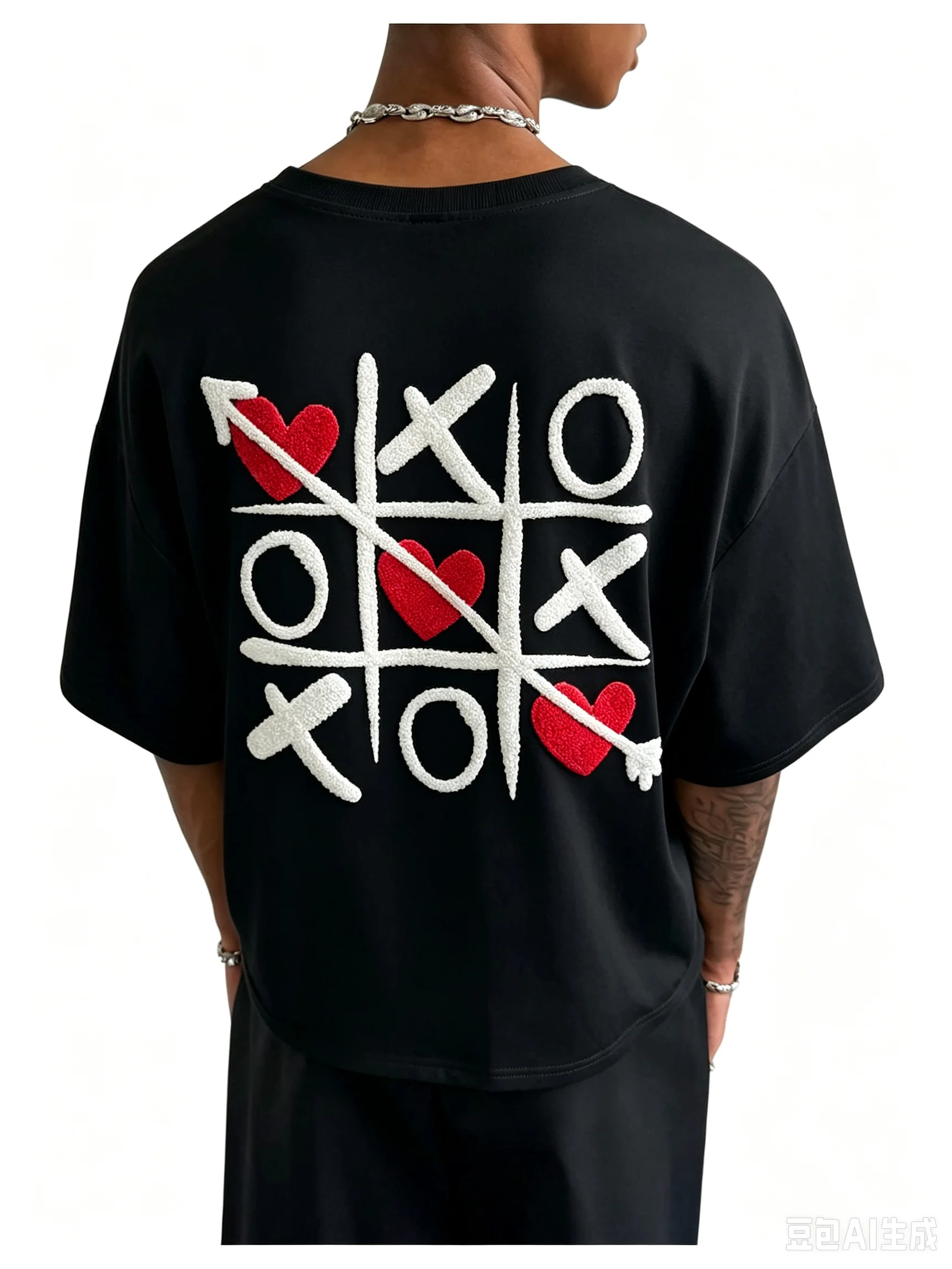 2026 Men Oversized Cropped T‑Shirt Tic‑Tac‑Toe Heart Arrow Embroidery Graphic Urban Streetwear Short Sleeve Tops For Youth