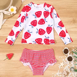 Baby Girls Two Piece Swimsuit Strawberry Print Swimwear Kids Swimming Clothing Long Sleeve Summer Beachwear Bathing Suit