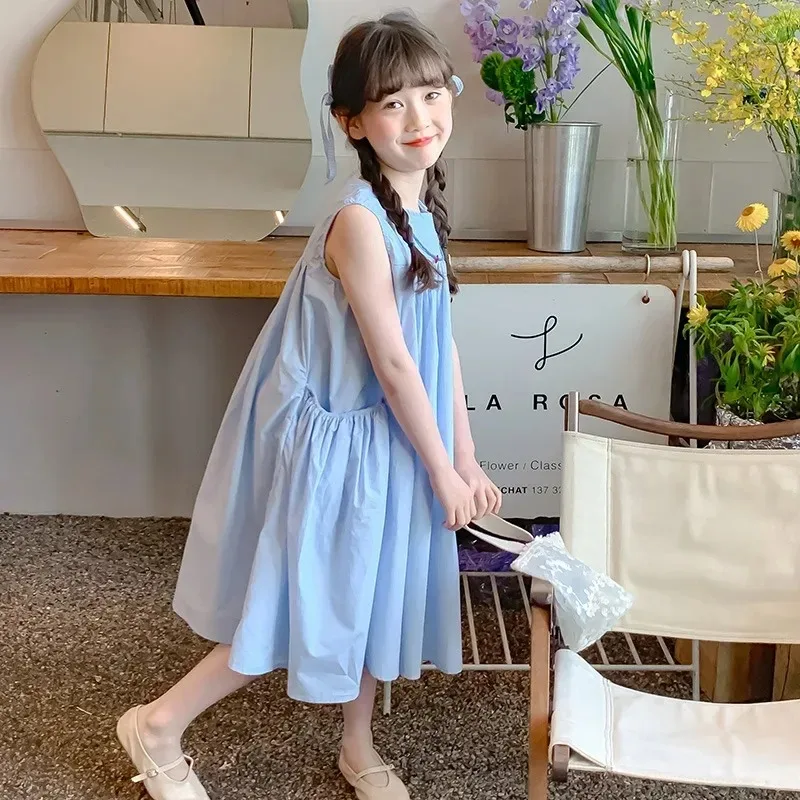 

Girls Dress Summer New Korean Pure Cotton Solid Color Round Neck Pleated Princess Sleeveless Dress Kids Clothes Girls