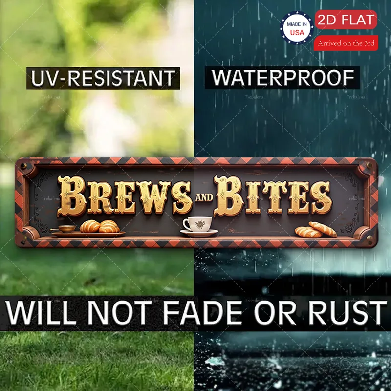 قطعة واحدة من لافتة معدنية، مقاس 4 × 16 بوصة "علامة "Brews and Bites" لديكور المقهى - فن معدني على الطراز العتيق"