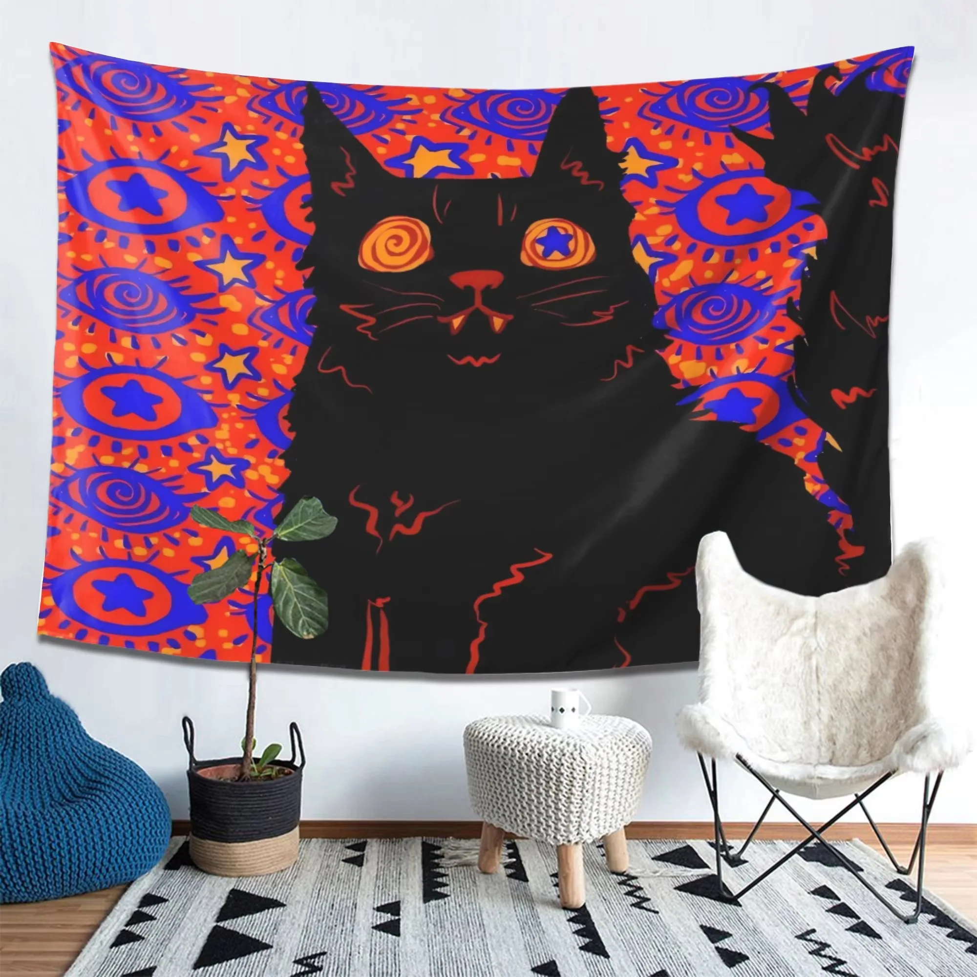 Black Cat Psychedelic Pop Tapestry, Retro Trippy Eye Star Print Wall Hanging for Bedroom Dorm Room Aesthetic Decor Gift
