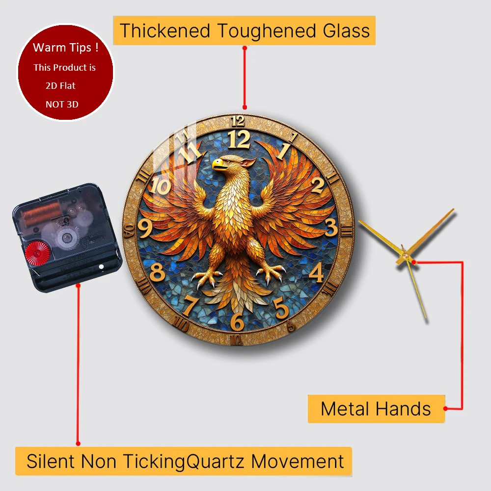 Tempered Glass Wall Clock Golden Eagle Clock Design Suitable For Wall Decor or Tabletop Display Anywhere