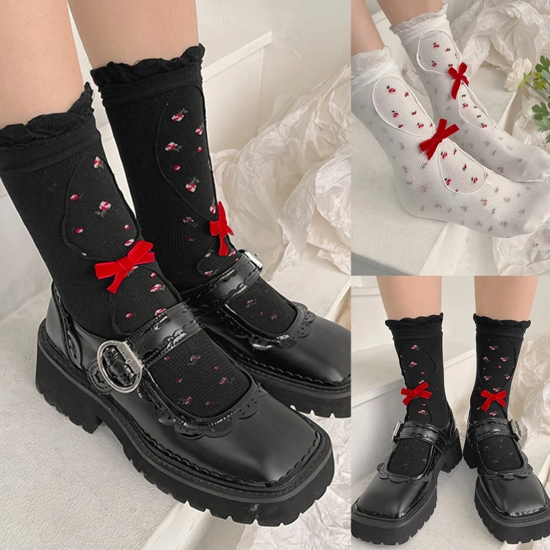 Women Frilly Ruffled Trim Socks Japanese Vintage Floral Print Hollow Out Double Layer Mesh Sweet Bow Short