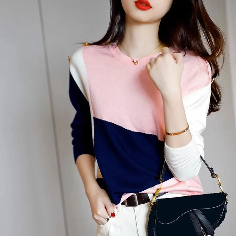 New Autumn/Winter Fashion Korean Edition Irregular Colorblock Round Neck Loose Versatile Foreigner Long Sleeve Women\'s Sweater