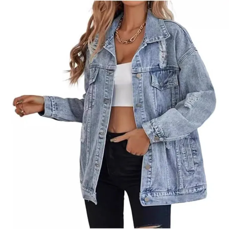 

Premium Women's Denim Jacket Euramerican Hole Design Harajuku Style Workwear Trendy Fall Winter Outerwear Casual Loose Fit Coat