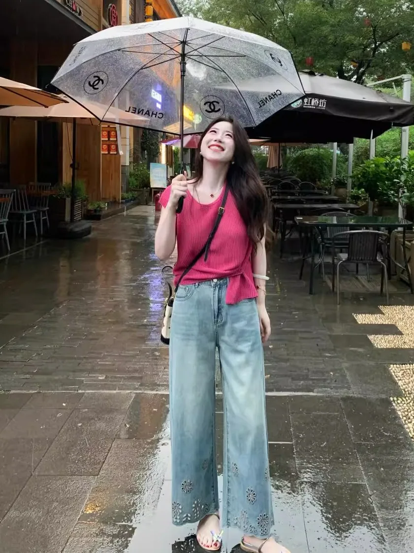 

Summer Faion Knitted Dopane T-irt Wide Leg Jeans Set Women's Casual Sle ort Sve round Ne Two Piece Suit