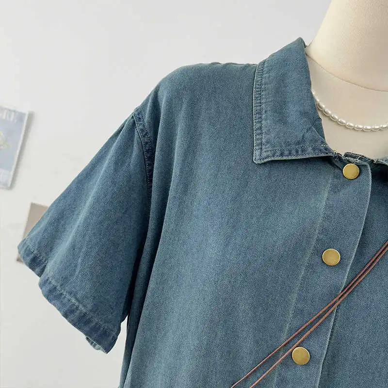 Frauen Retro Kurzarm Denim Kleid Sommer Neue Blau drehen-unten Kragen Einreiher Mittlere Länge Lose Shirts Kleider dame