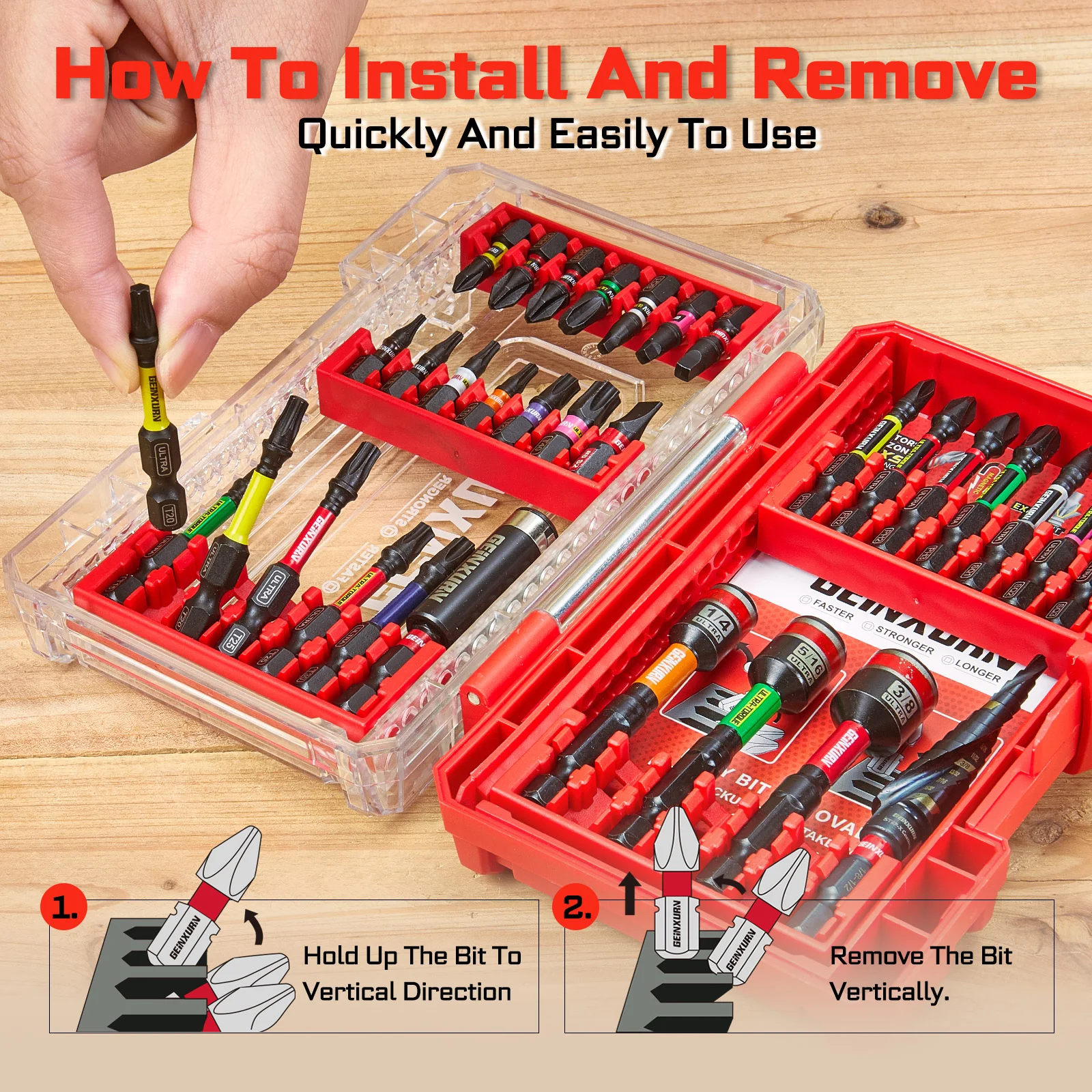 Geinxurn 61PCS Screwdriver Bits Set, Magnetic S2 Steel 1”/2'' PH/SQ/Torx/HEX/SL Impact Bit Holder and Nut Driver with Box Case