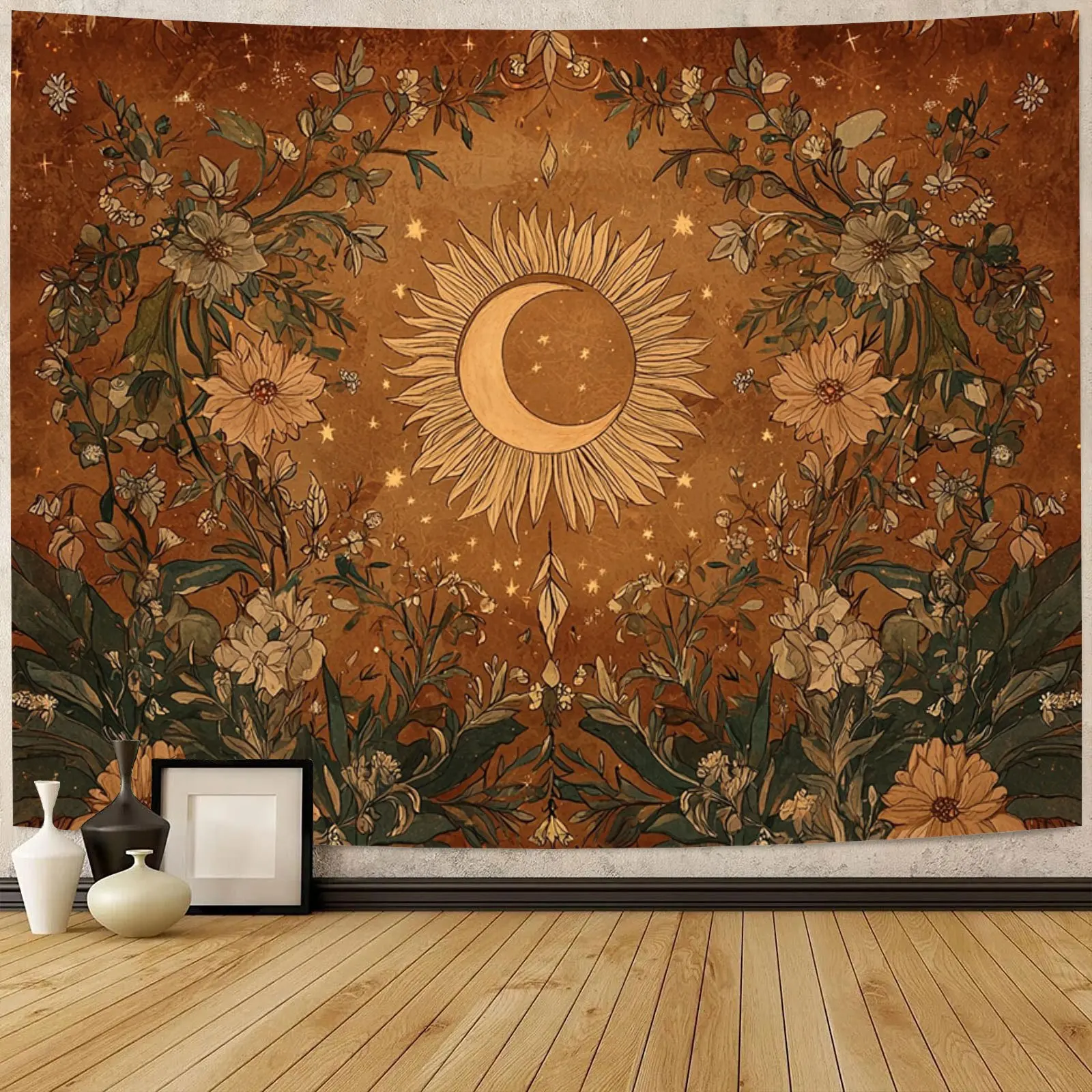 Sun And Moon Tapestry  Vintage Bohemian Wall Hanging With Floral Border Featuring A Fantasy Scene Of The Sun And Moon. Polyester