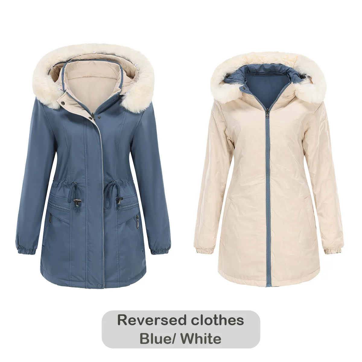 Autumn Winter Women\'s Parka Coats Female Double Sided Warm Cotton Jacket Detachable Cap Zipper Thick Cotton Fur Collar Jacket