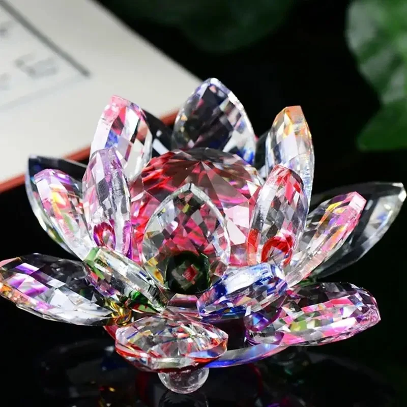 Crystal Lotus Flower Ornament, Multi-color Glass Tabletop Decor, Lucky Feng Shui Home Gift Home Wedding Party Decor