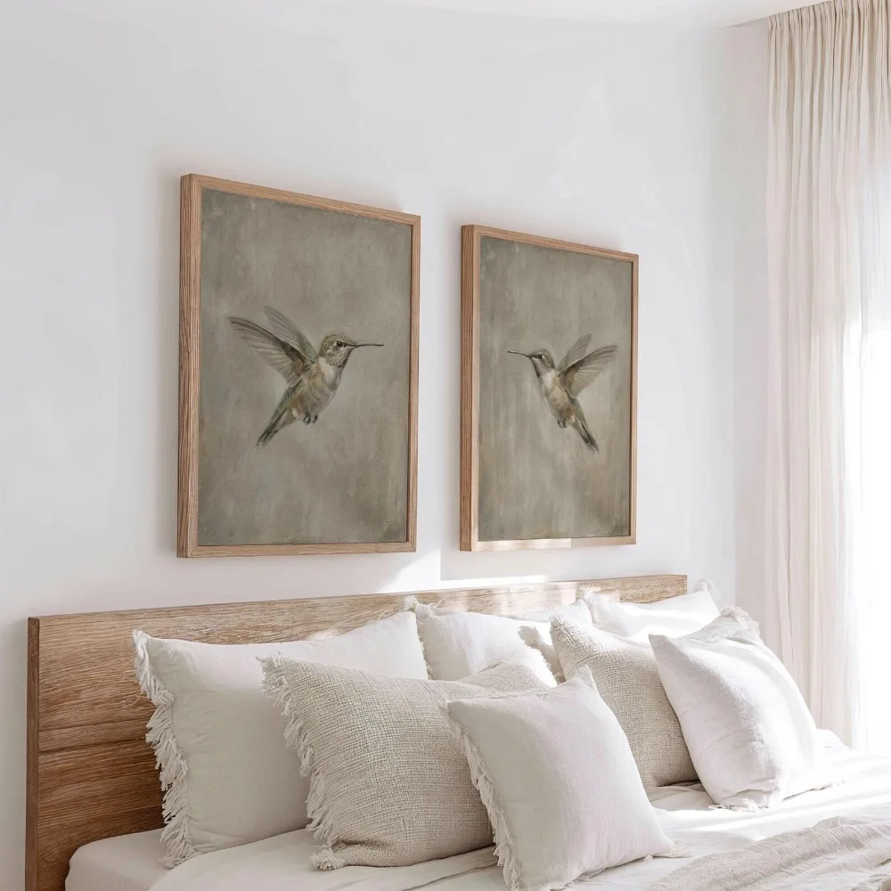 2pcs frameless Canvas Painting 2pcs Frameless, Simple Abstract Hummingbird Art, Retro Japanese Interior Decoration, Farmhouse De