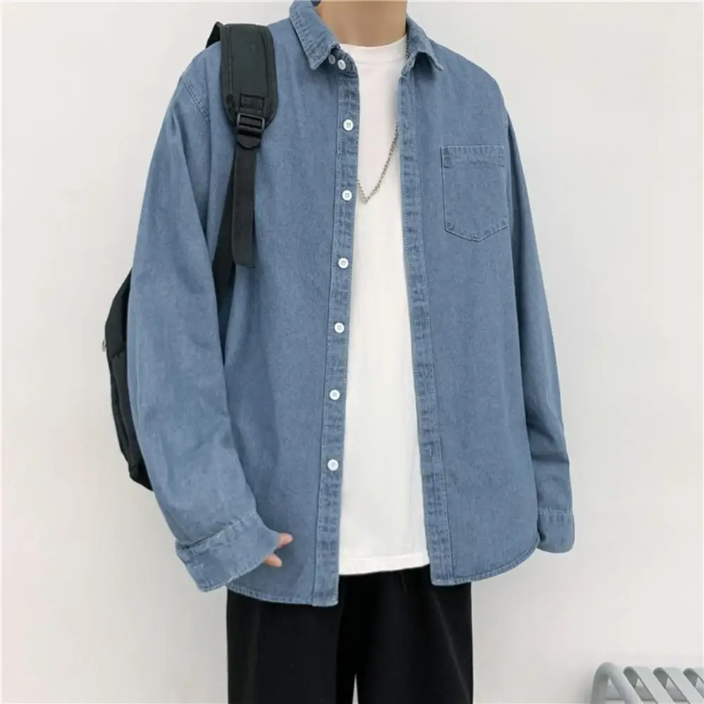 Men Denim Shirt Denim Shirt Outerwear Stylish Men\'s Denim Jacket with Turn-down Collar Chest Pocket Casual Spring for School