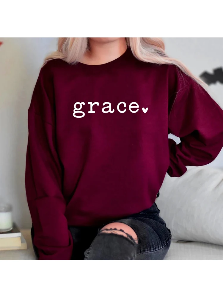 Grace Love Heart Religious Sweatshirt Women Long Sleeve Streetwear Outfits Christian Jesus Bible Hoodies Ladies Top Dropshipping