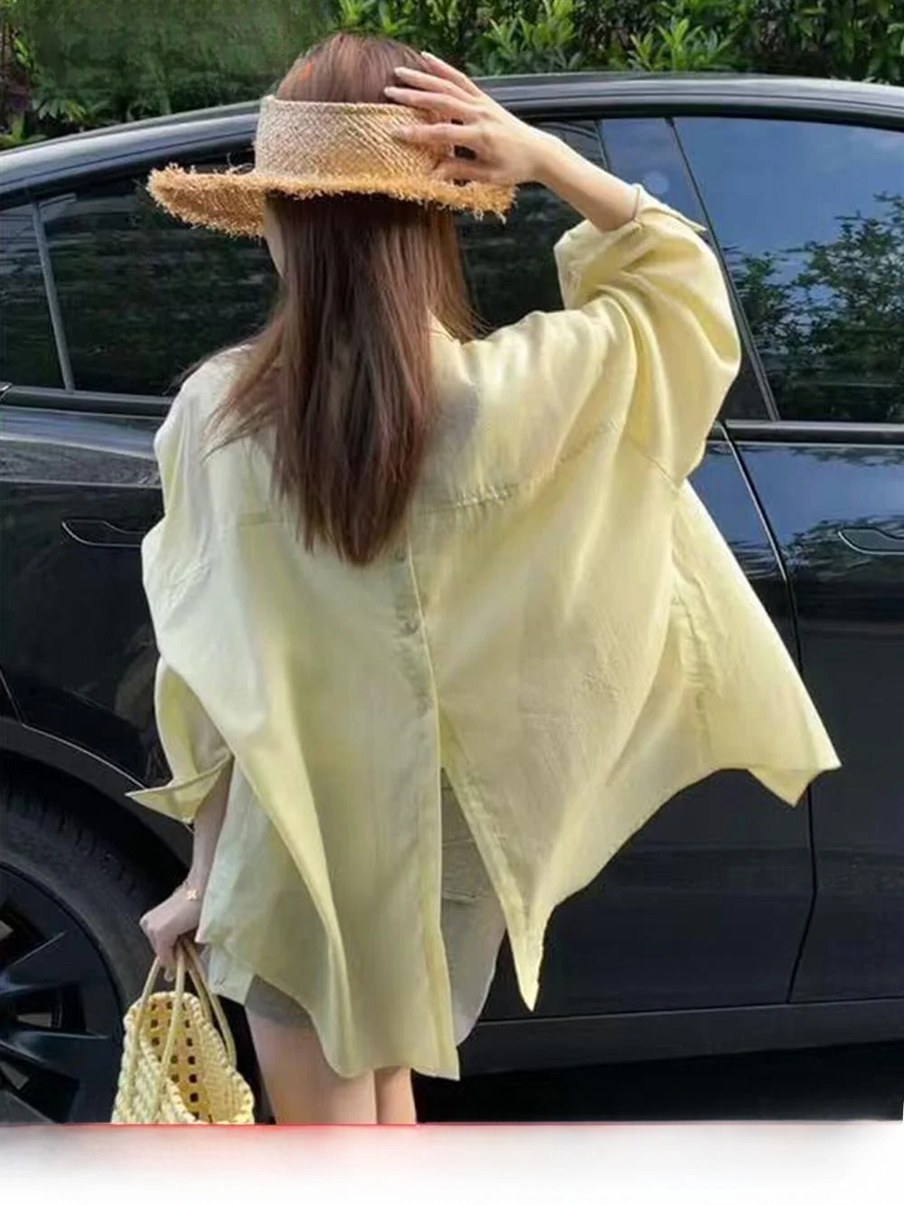 Light Yellow Back Slit Sun Protection Shirt Jacket Women's Loose Thin Summer Casual Style Long Sleeve  Collar Top