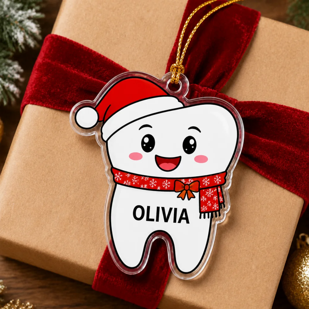 Customized Name Christmas Tooth Acrylic Pendant, Hanging Ornament for Xmas Tree Home Party Decor, Memory Souvenir Gift