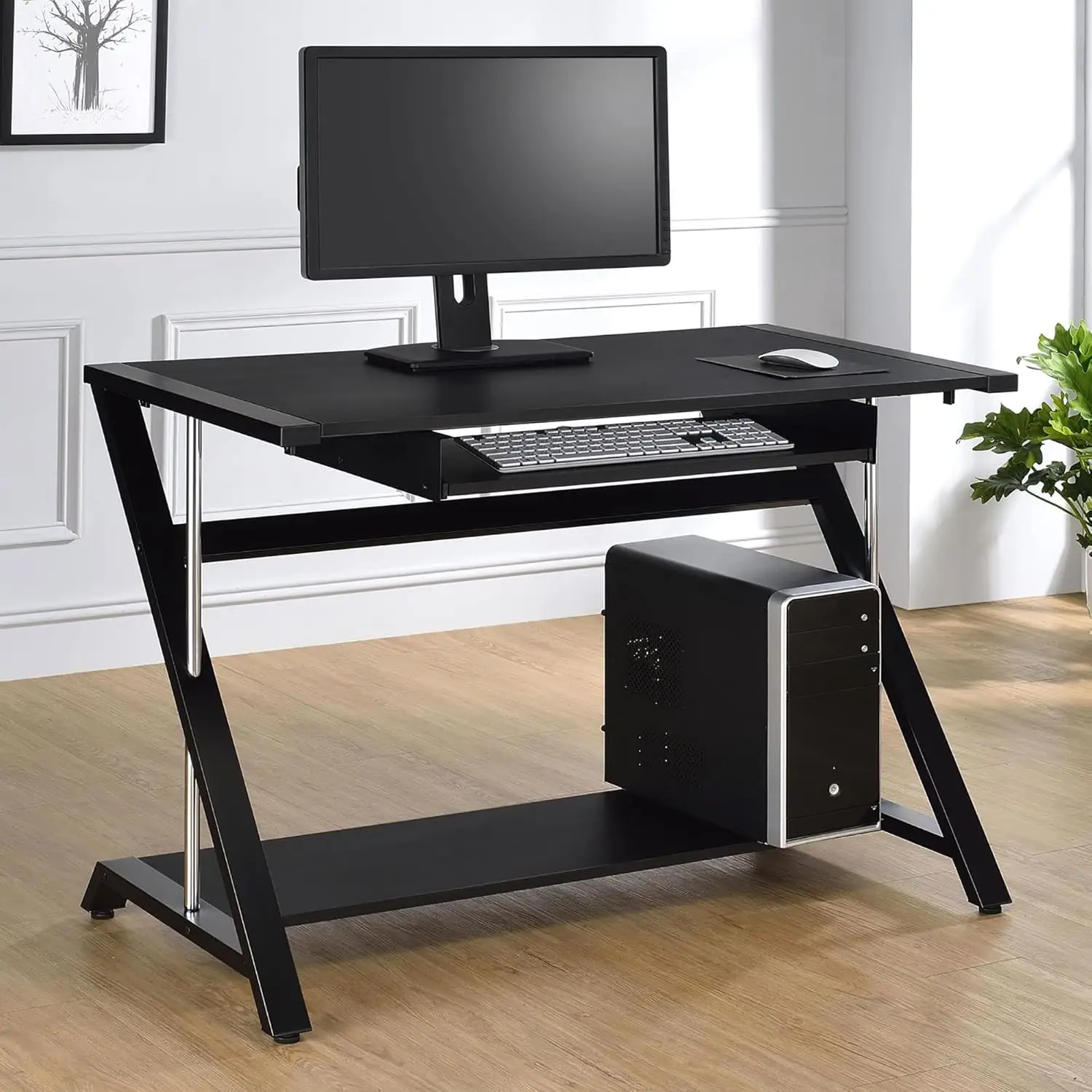 Computer Desk, Black And Chrome Computer Desk With Keyboard Tray