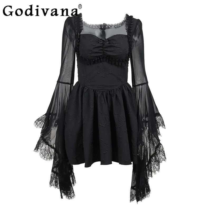 

Sexy Square Neck Slim Dark Gauze Flare Sleeves A-line Jacquard Dress 2025 Summer Cool Girls Long Sleeves Elegant Party Dresses