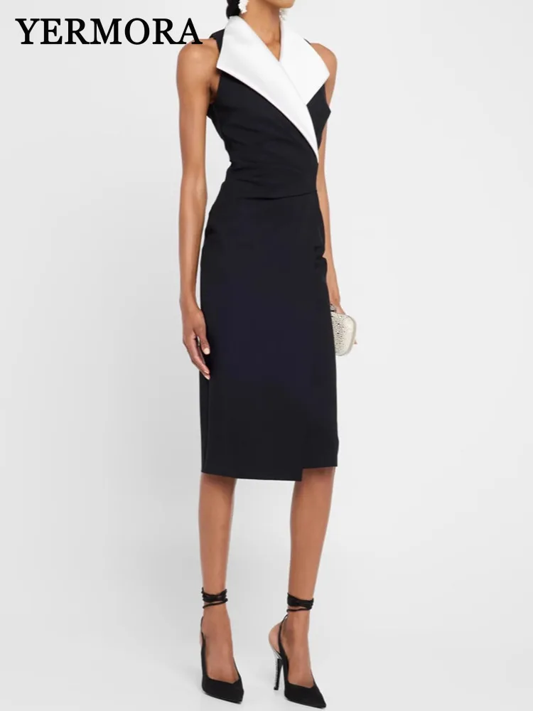 

YERMORA женское плиссированное повседневное длинное платье с цветными блоками, свободный новый сарафан без рукавов с лацканами, модный сарафан, весна-лето 2025