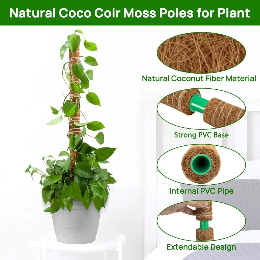 Durable 32/42/52cm Coir Moss Pole Coir Moss PVC/Wood Base Climbing Plant Pole Monstera Moss Stick Indoor Potted Vine Plants