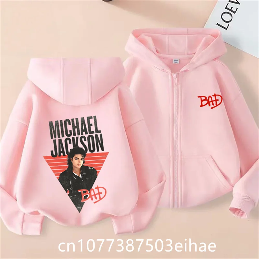 Michael Jackson Boy Zip Up Hooded Jacket Thin Long Sleeve Spring Autumn Kids Streetwear Tops MJ Singer Print Hoodie With Pockets