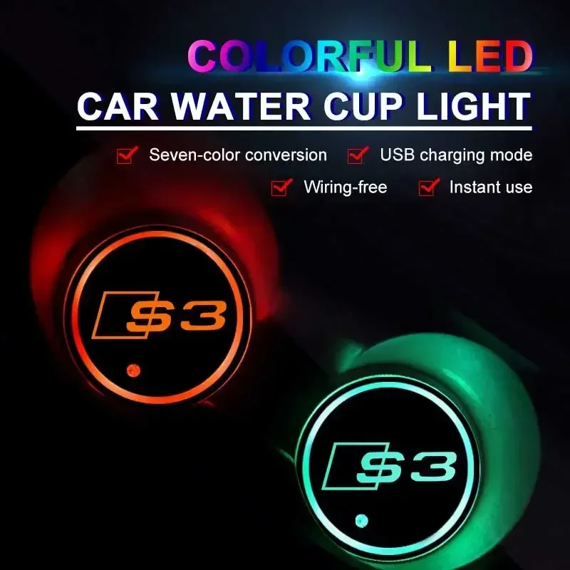 

2Pcs Luminous Car Water Cup Coaster LED Drink Holder Mats For Audi S3 Logo USB Charging Atmosphere RGB Light Non-slip Coasters
