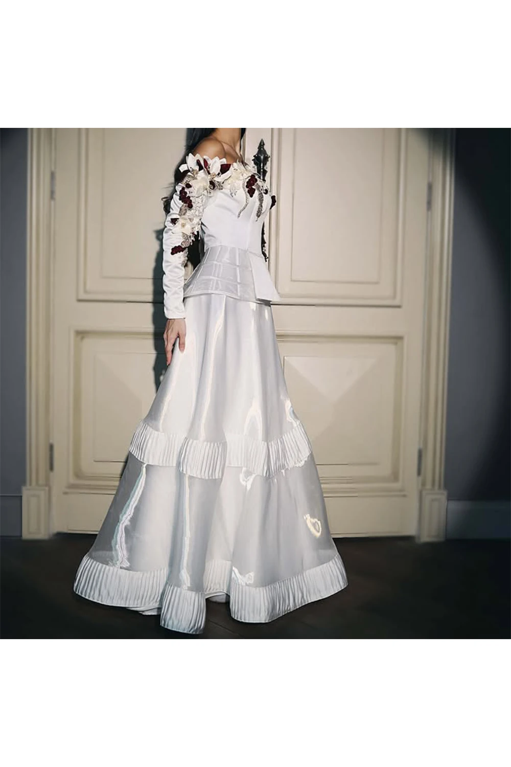 

QR Customized Elegant Luxurious Evening Dresses Satin Beads 3D Flowers Pleats A-line Off-the shoulder Women Prom Occasion