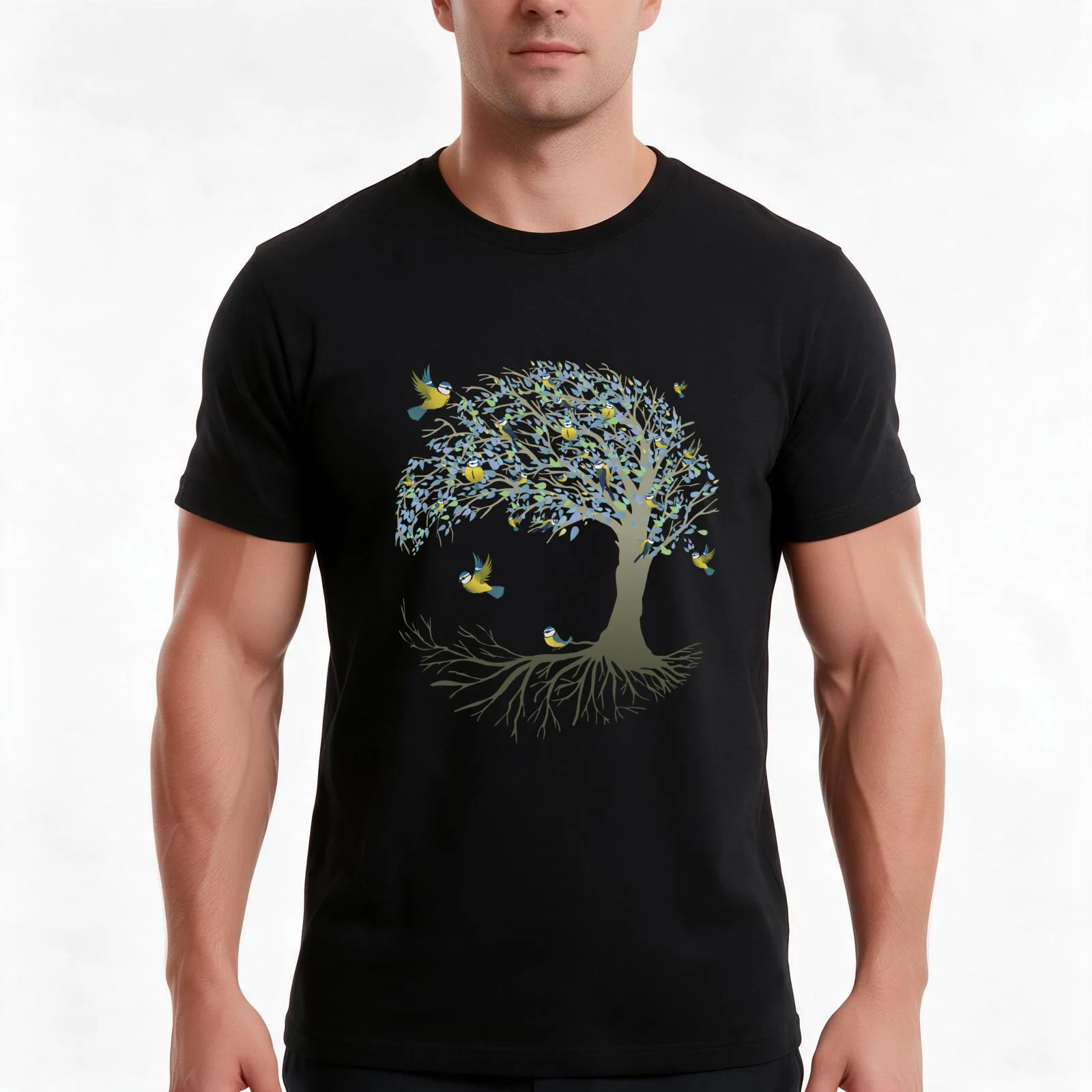 Tree of life bluetit birds in it T-Shirt Summer Casual Cotton Tee Oversized Streetwear Tops Vintage Graphic Print