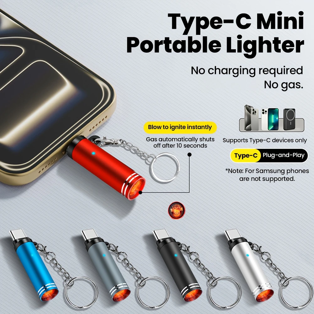 Mini Type C Mobile Phone Cigarette Lighter Air Blowing Smoking Cigarette Lighter Outdoor Safety USB C Lighter Adapter