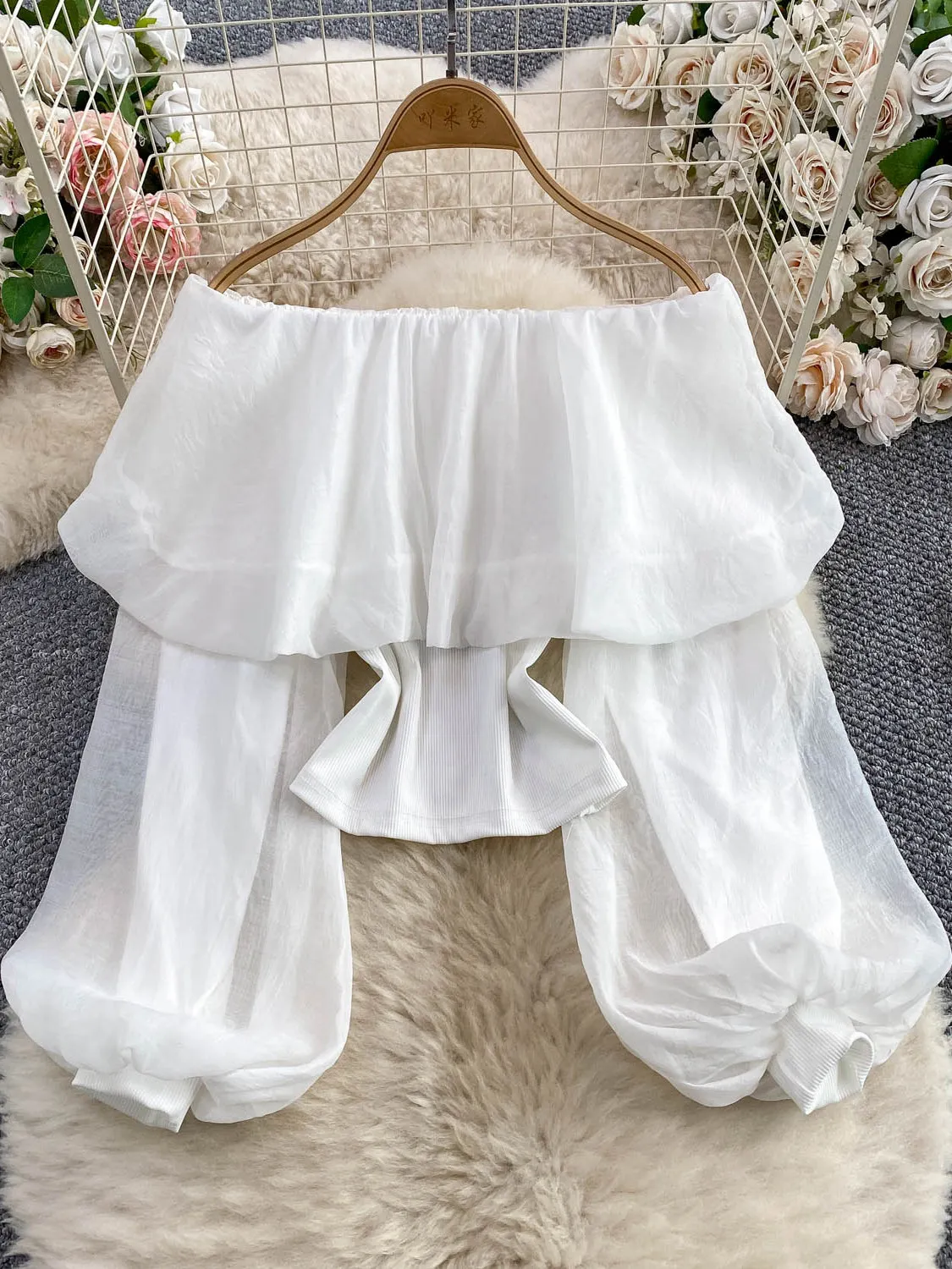 بلوزة شيفون أنيقة قصيرة بأكمام فانوس ورباطات على الكتف، بتصميم متماسك من الدانتيل، مثالية لفصلي الربيع والخريف، بلوزة نسائية ...