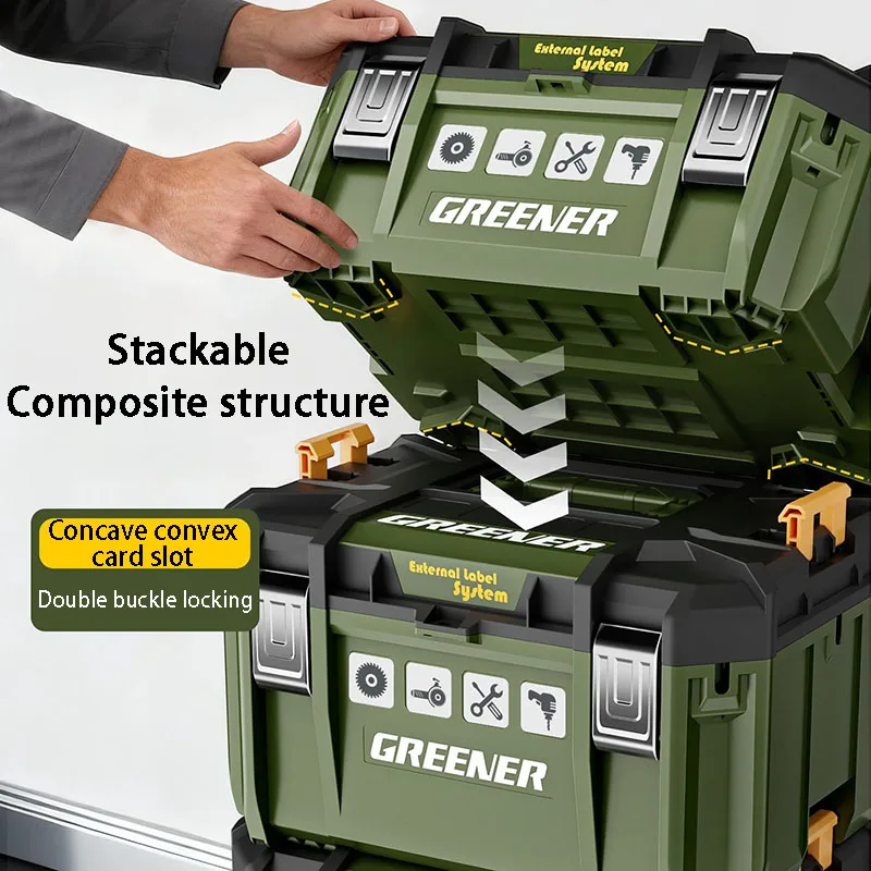 GREENER Toolbox Stackable Hardware Storage Box Large Capacity Tool Organizer Boxes Multifunctional Portable Handheld Toolboxs