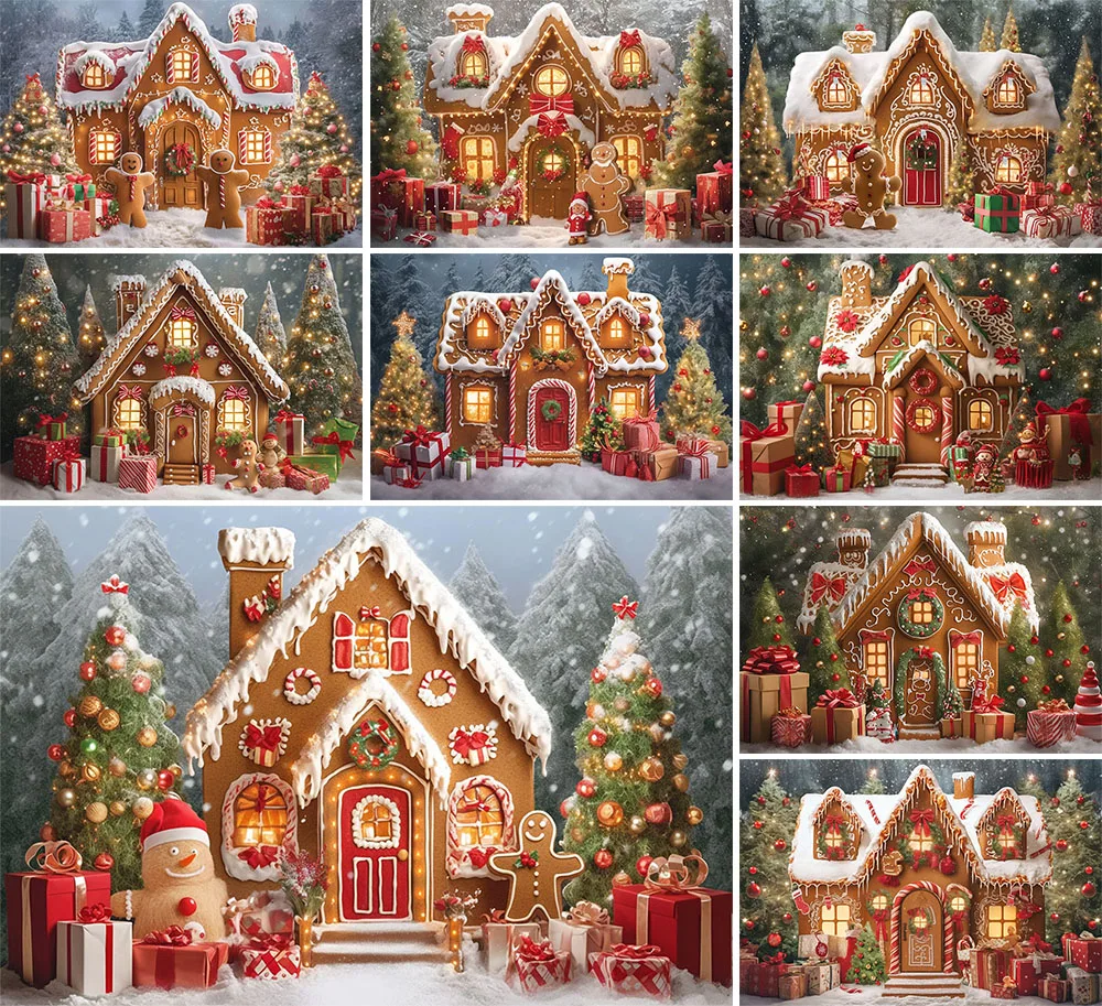 

Mehofond Gingerbread House Christmas Backdrop for Photography Family Festival Portrait XmasTrees Lights Decorations Background