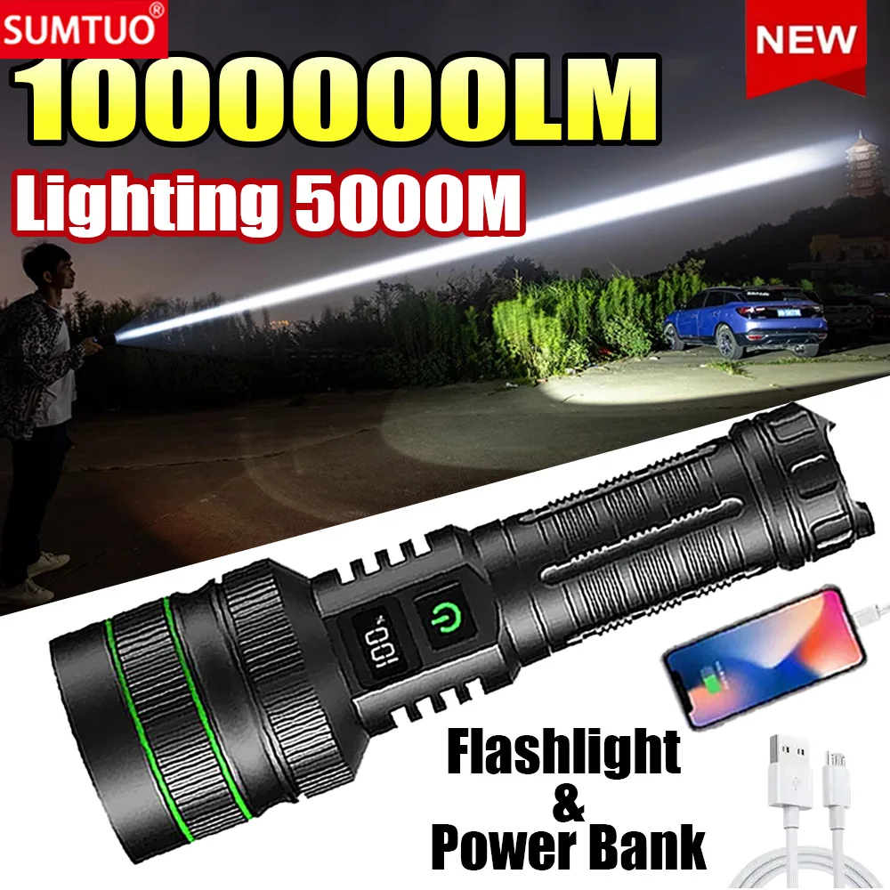 

1000000LM Ultra Powerful Flashlight Zoom 5000M Long Range Torch High Power Led Flashlights Rechargeable Strong Tactical Lantern