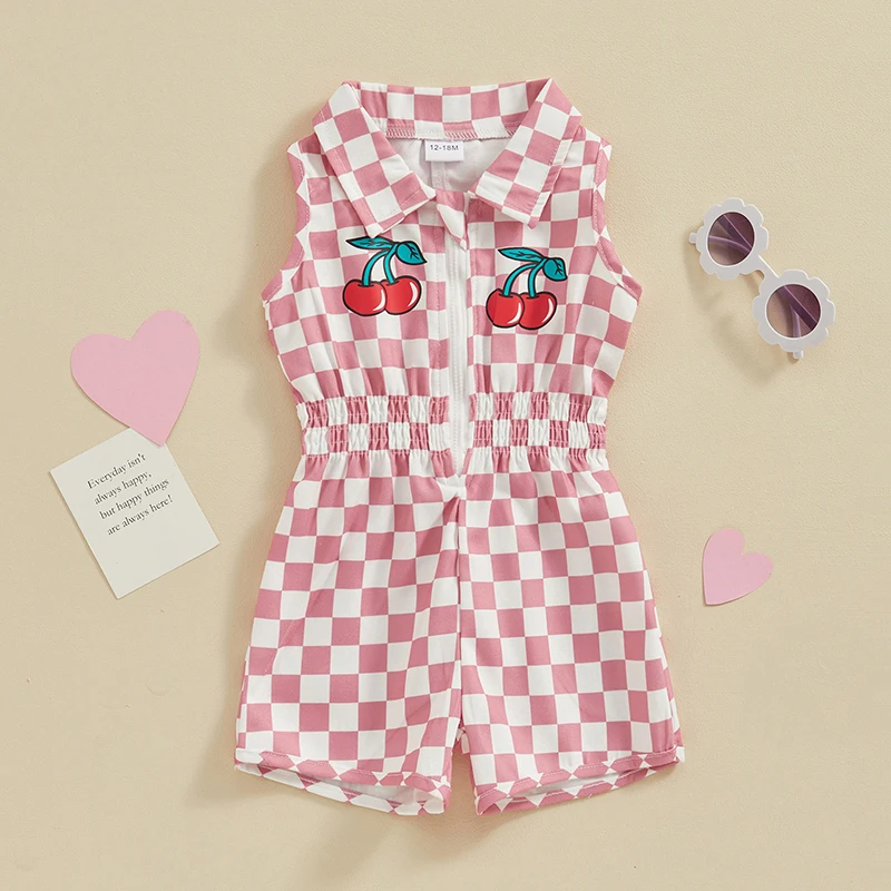 

Kids Girls Jumpsuit, Sleeveless Cherry Plaid Print Zipper Closure Romper Clothes for Casual Daily 1-5Y