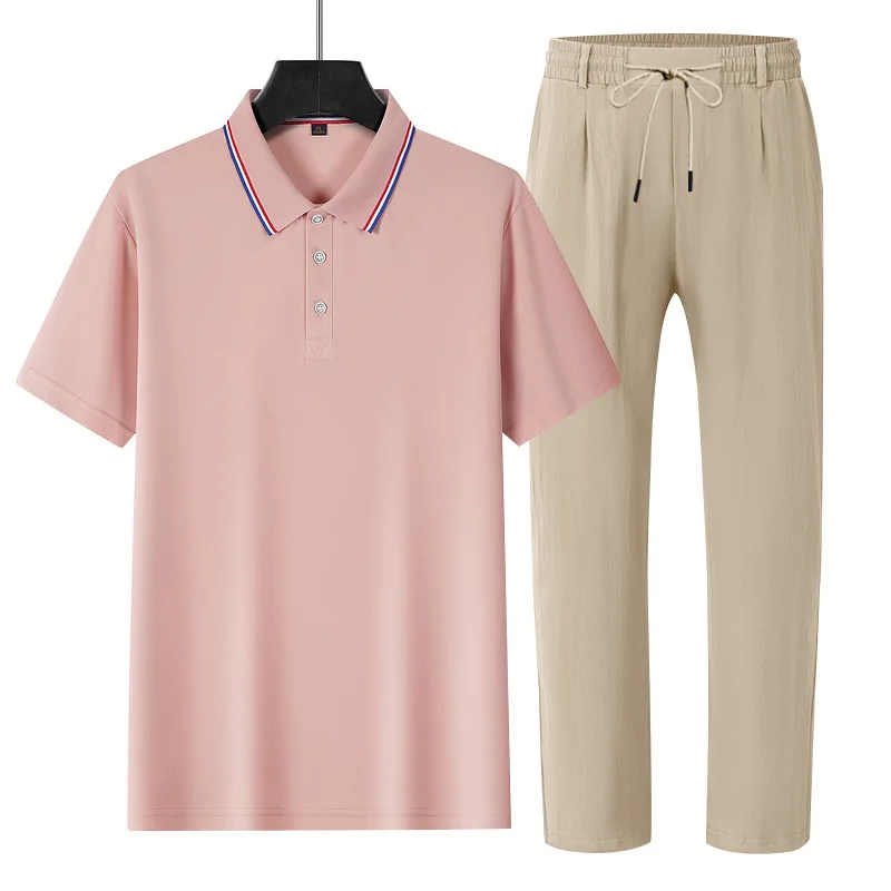 

Cross-border summer American men's summer suit golf polo shirt short-sleeved linen trousers men's two-piece set