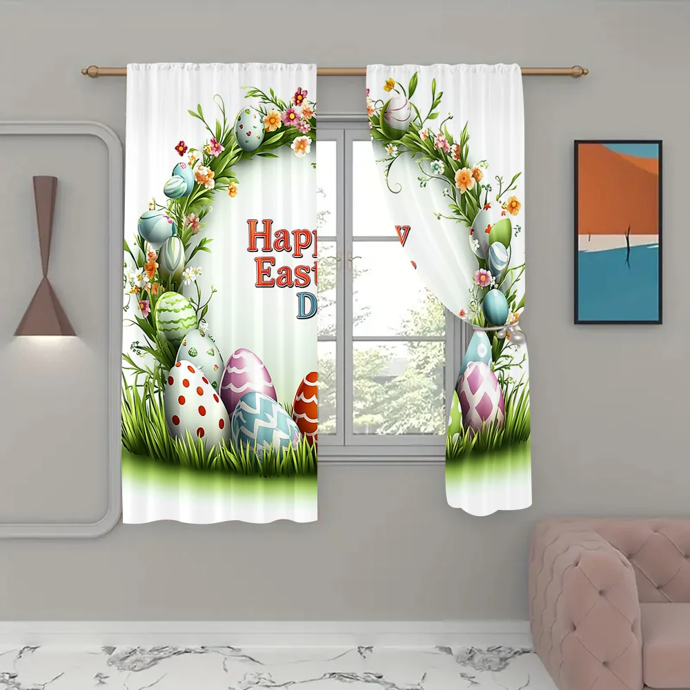 2Pcs Happy Easter Day Colorful Garland Curtain Easter Eggs In Green Grass And Flowers Curtain Floral Spring Holiday Curtains_a